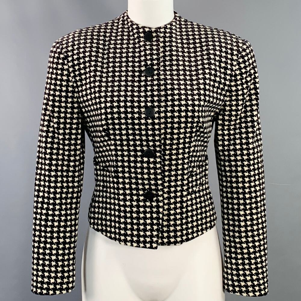 BYBLOS Size S Black White Cotton Velvet Houndstooth Collarless Cropped Blazer